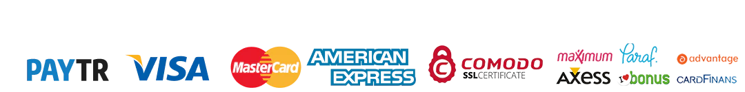 Güvenli ödeme yöntemleri: PayTR, Visa, Mastercard, American Express, Comodo SSL